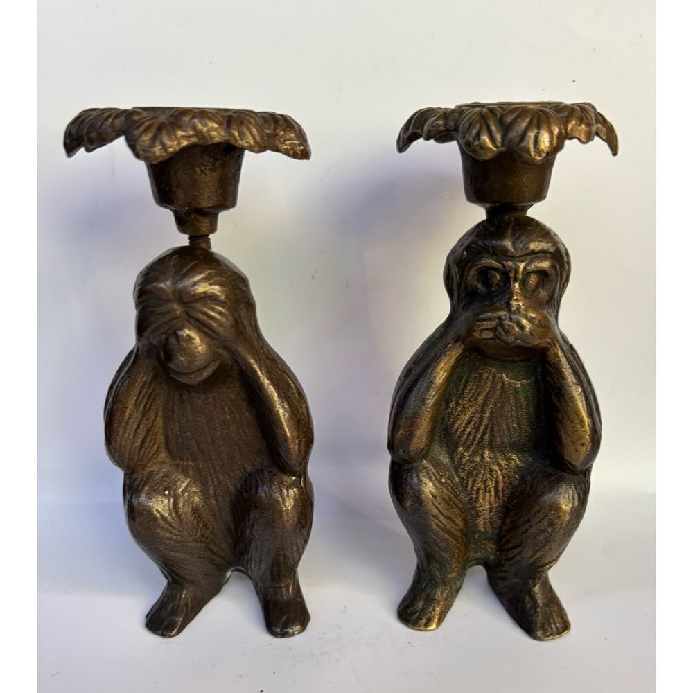Vintage  Cast Bronze San Pacific 2 Monkey Candle Holders